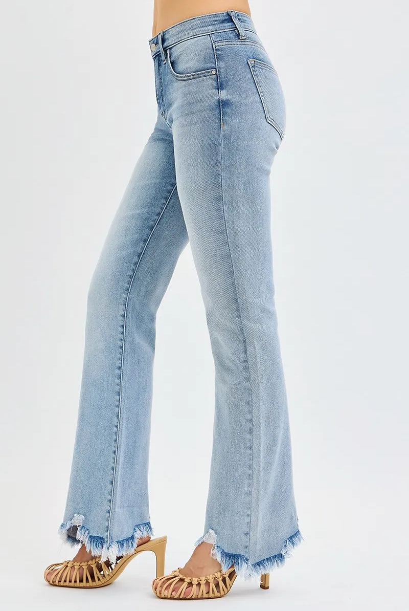 RISEN Full Size Tummy Control Mid Rise Flare Jeans with Fray Hem Detailed Plus Size-Jeans-Krush Kandy, Women's Online Fashion Boutique Located in Phoenix, Arizona (Scottsdale Area)