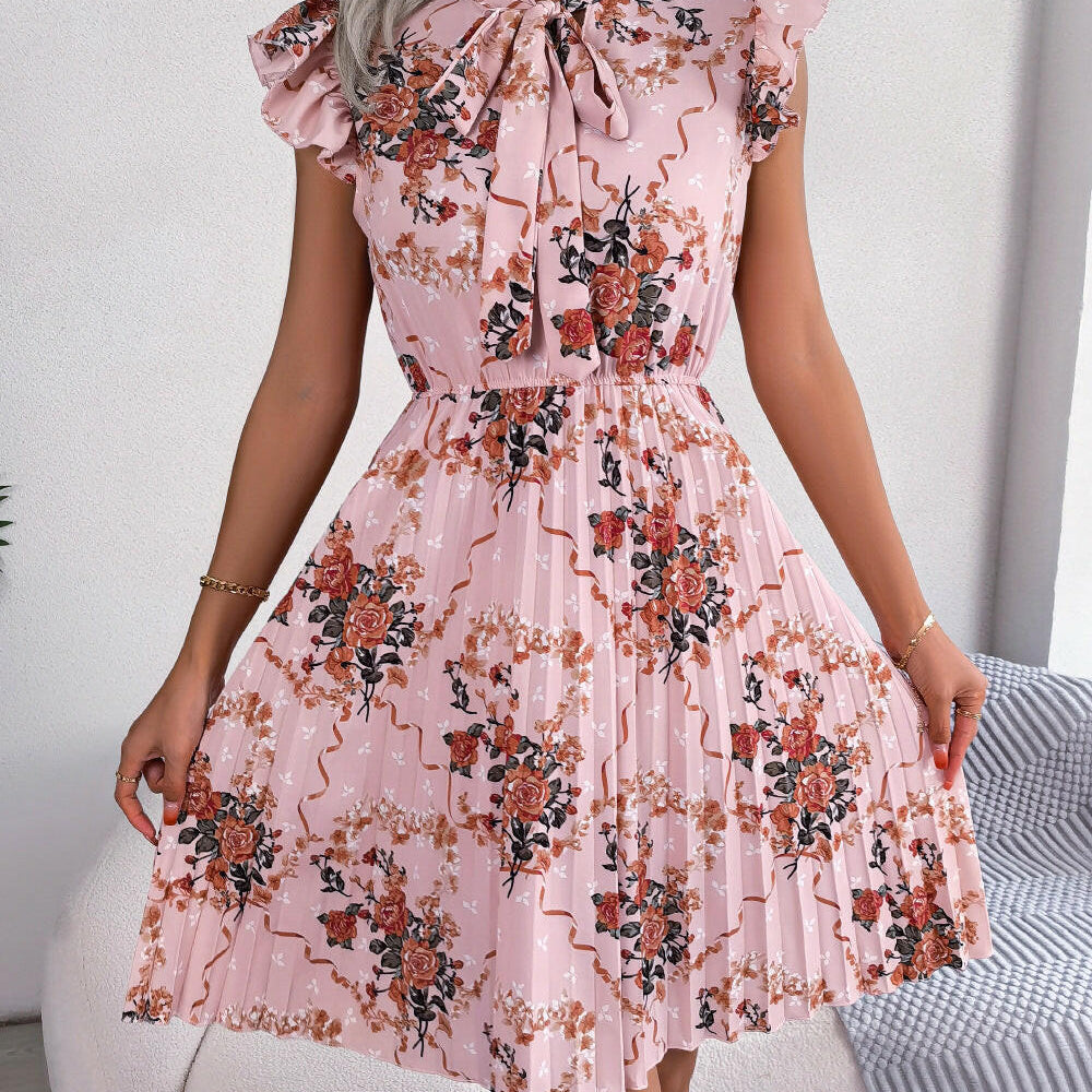 Garden Bloom Pleated Tie-Neck Dress-Dresses-Krush Kandy, Women's Online Fashion Boutique Located in Phoenix, Arizona (Scottsdale Area)