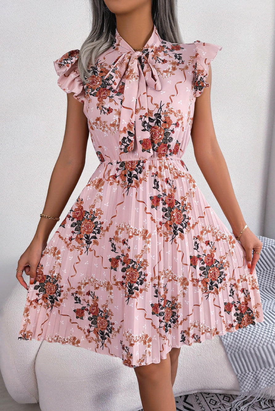 Garden Bloom Pleated Tie-Neck Dress-Dresses-Krush Kandy, Women's Online Fashion Boutique Located in Phoenix, Arizona (Scottsdale Area)