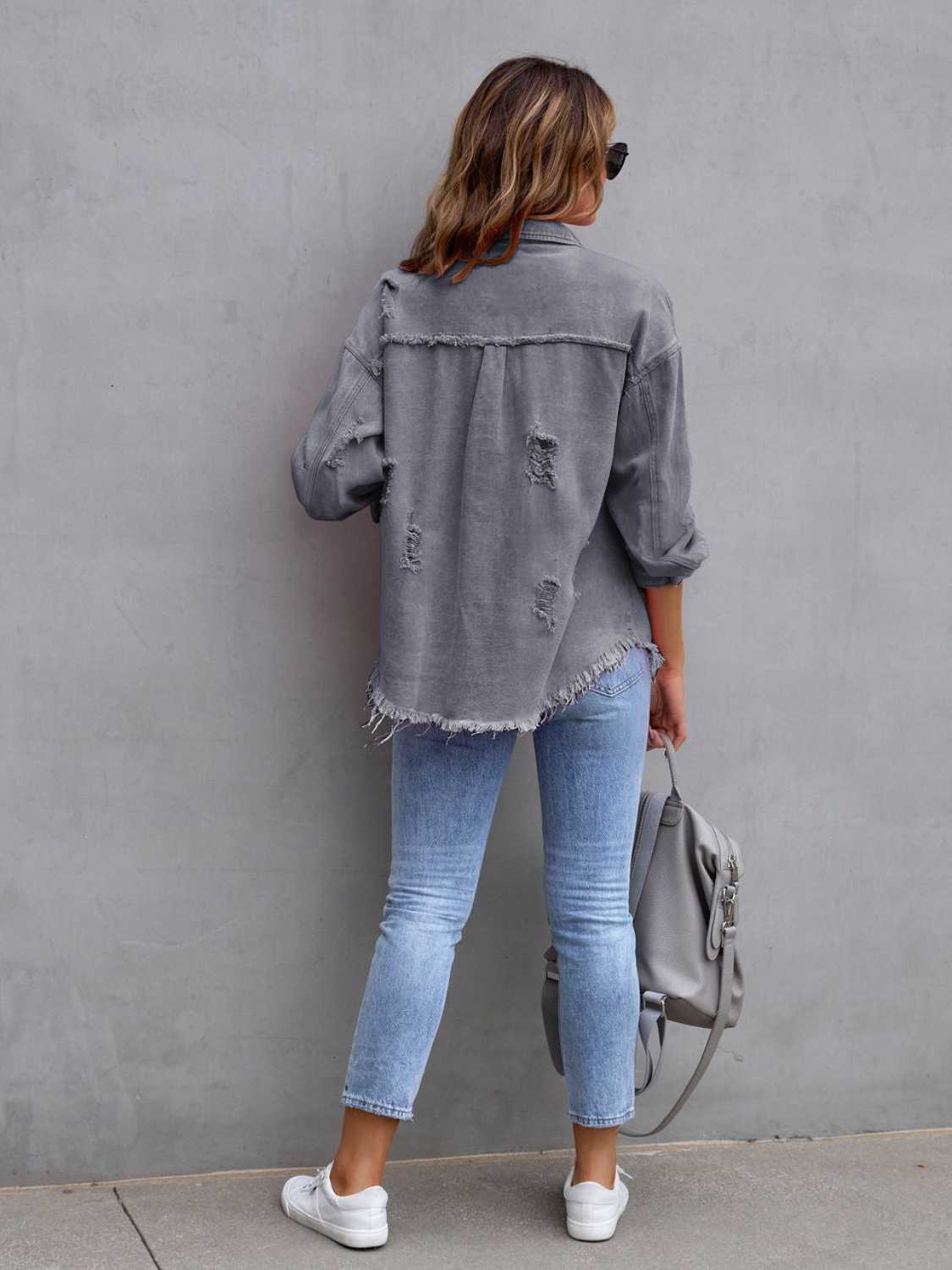 Distressed Drop Shoulder Denim Jacket-Krush Kandy, Women's Online Fashion Boutique Located in Phoenix, Arizona (Scottsdale Area)