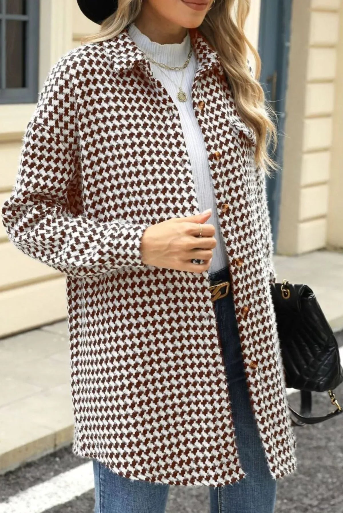 Houndstooth Button Up Long Sleeve Coat-Jacket-Krush Kandy, Women's Online Fashion Boutique Located in Phoenix, Arizona (Scottsdale Area)