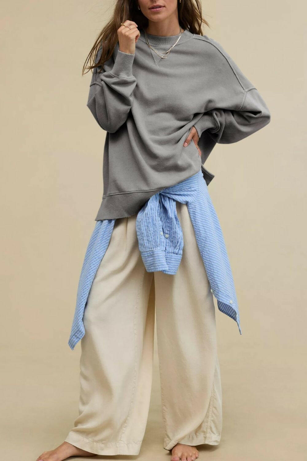 Side Slit Round Neck Long Sleeve Sweatshirt-Krush Kandy, Women's Online Fashion Boutique Located in Phoenix, Arizona (Scottsdale Area)