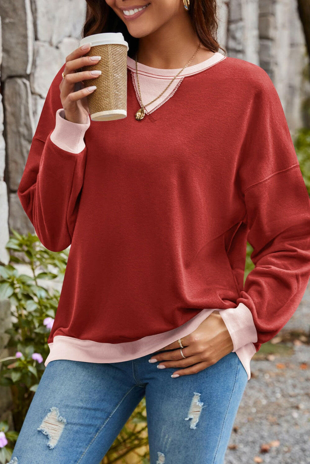 Lovelet Contrast Round Neck Long Sleeve Sweatshirt-Krush Kandy, Women's Online Fashion Boutique Located in Phoenix, Arizona (Scottsdale Area)