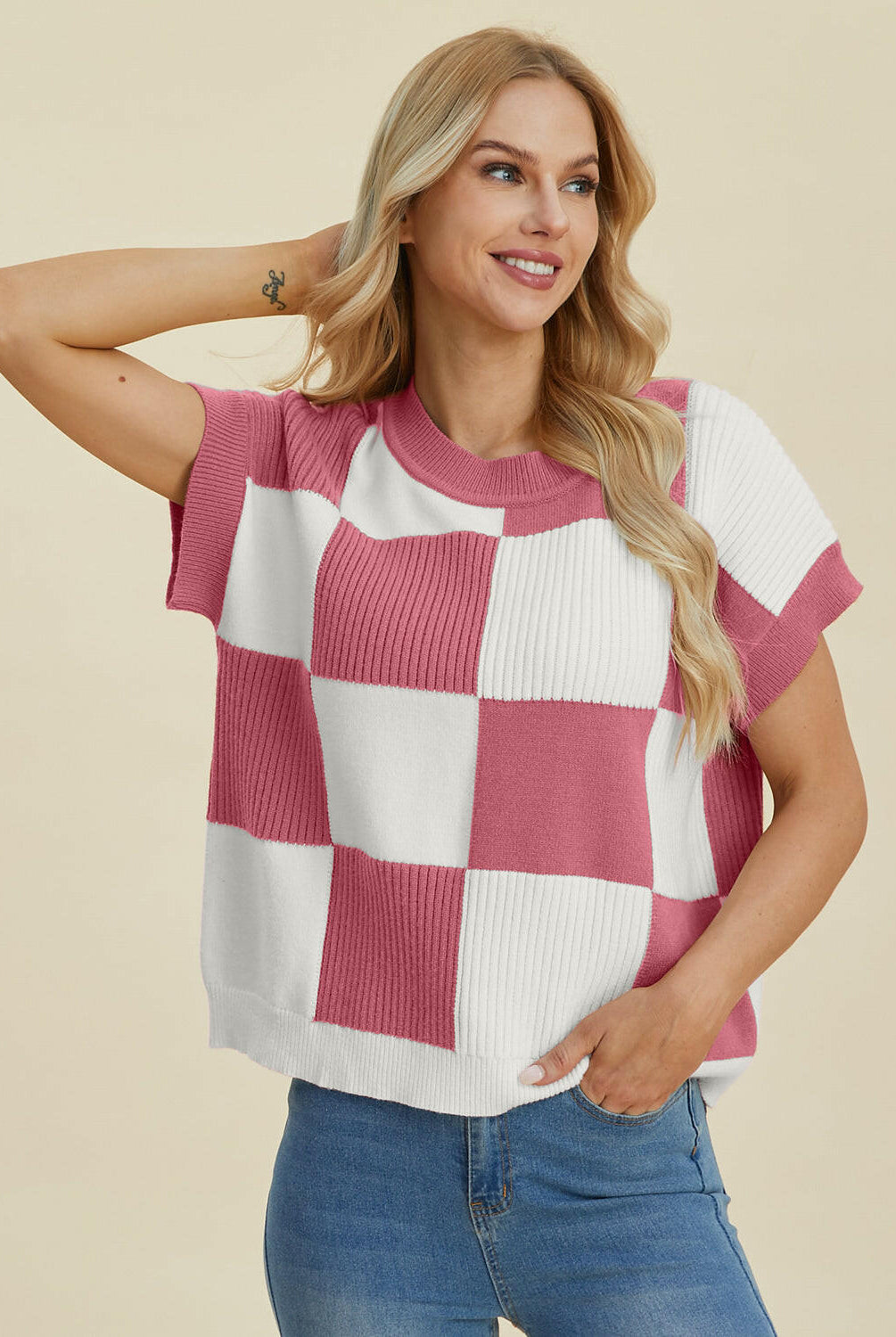 Double Take Full Size Checkered Round Neck Short Sleeve Sweater-Tops-Krush Kandy, Women's Online Fashion Boutique Located in Phoenix, Arizona (Scottsdale Area)