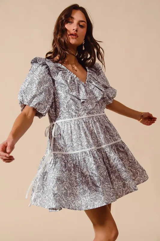 SO ME Cotton Printed Ruffle V Neckline Dress with Side Tie-Dresses-Krush Kandy, Women's Online Fashion Boutique Located in Phoenix, Arizona (Scottsdale Area)