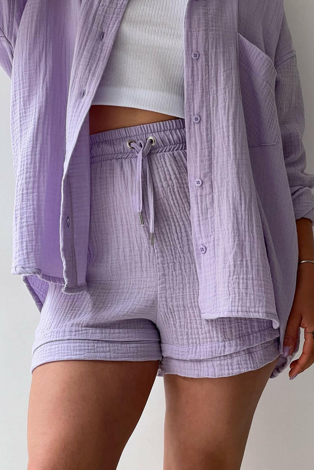 Kinsley Texture Button-Up Shirt and Drawstring Shorts Set-Krush Kandy, Women's Online Fashion Boutique Located in Phoenix, Arizona (Scottsdale Area)