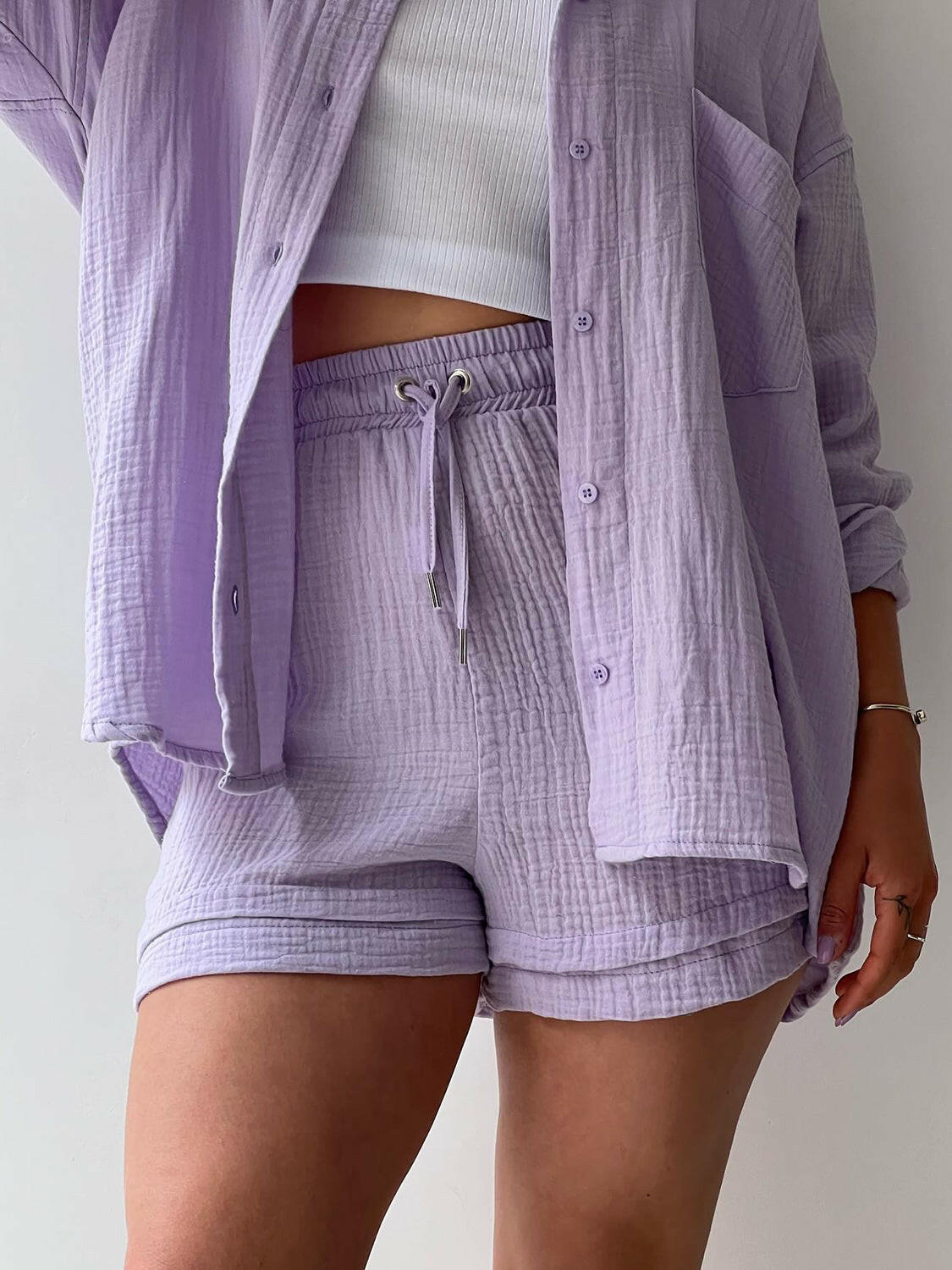 Kinsley Texture Button-Up Shirt and Drawstring Shorts Set-Krush Kandy, Women's Online Fashion Boutique Located in Phoenix, Arizona (Scottsdale Area)