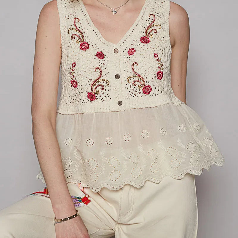 POL Embroidered Detail V-Neck Eyelet Peplum Tank-Tanks-Krush Kandy, Women's Online Fashion Boutique Located in Phoenix, Arizona (Scottsdale Area)
