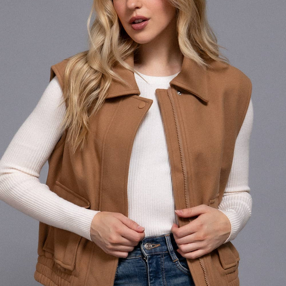 Notched Collar Soft Felt Zip Up Vest-Vests-Krush Kandy, Women's Online Fashion Boutique Located in Phoenix, Arizona (Scottsdale Area)