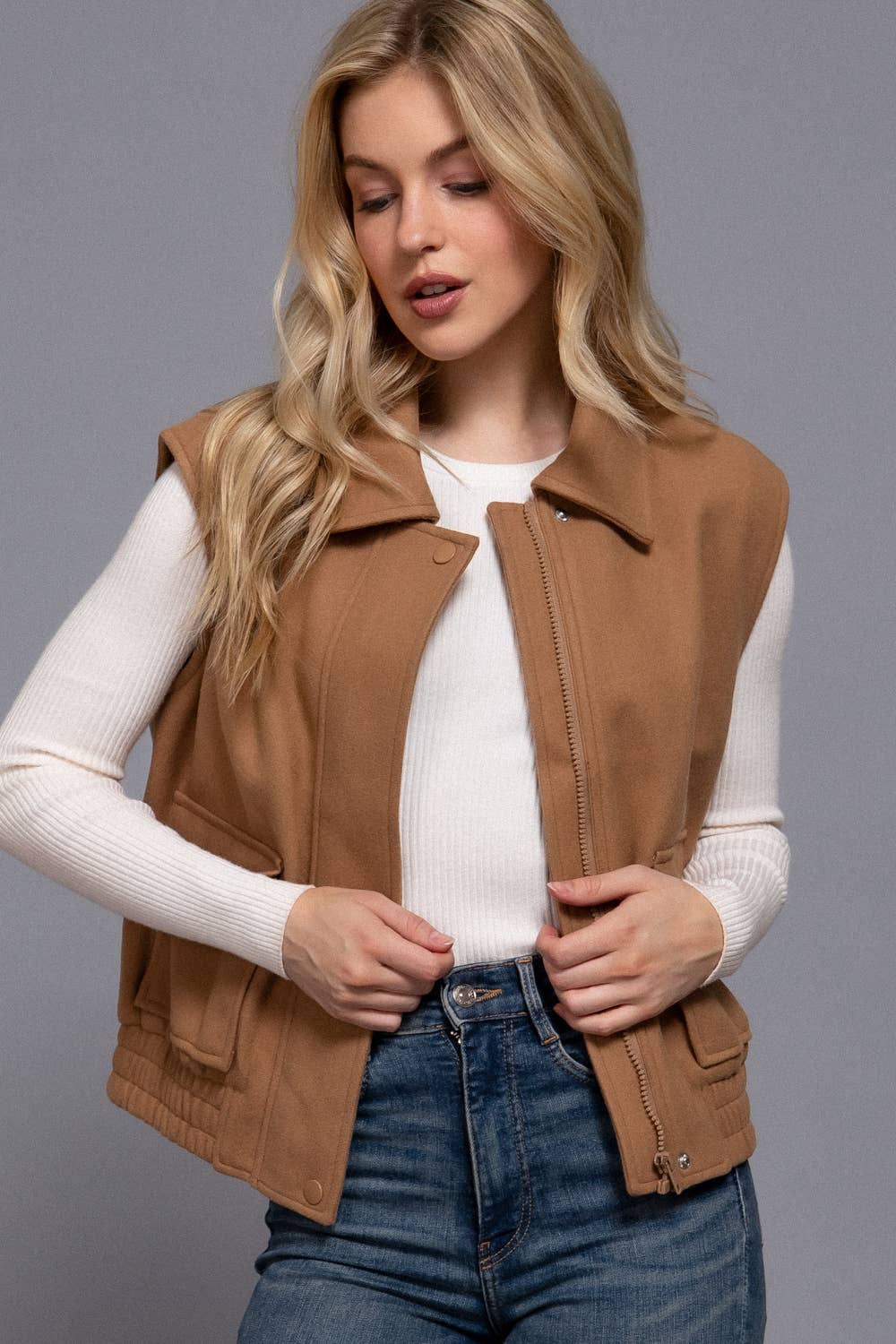 Notched Collar Soft Felt Zip Up Vest-Vests-Krush Kandy, Women's Online Fashion Boutique Located in Phoenix, Arizona (Scottsdale Area)