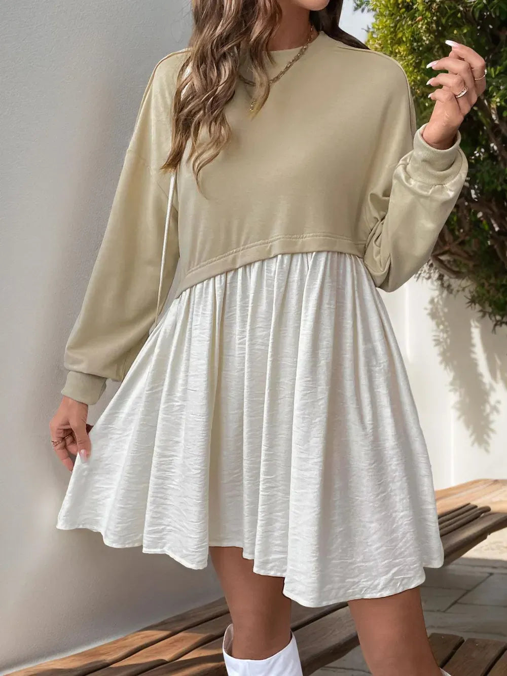 Perfee Contrast Round Neck Long Sleeve Mini Dress-Dresses-Krush Kandy, Women's Online Fashion Boutique Located in Phoenix, Arizona (Scottsdale Area)
