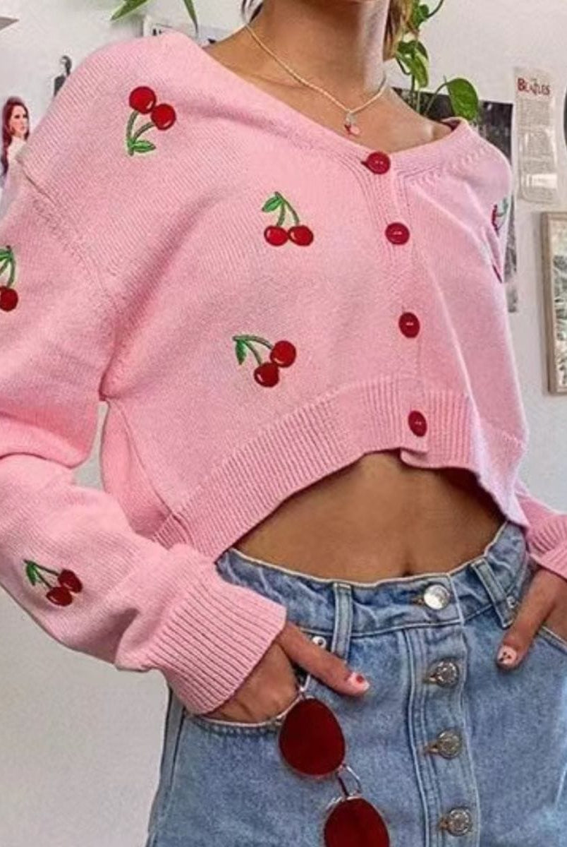 Cherry Button Down Cardigan-Tops-Krush Kandy, Women's Online Fashion Boutique Located in Phoenix, Arizona (Scottsdale Area)
