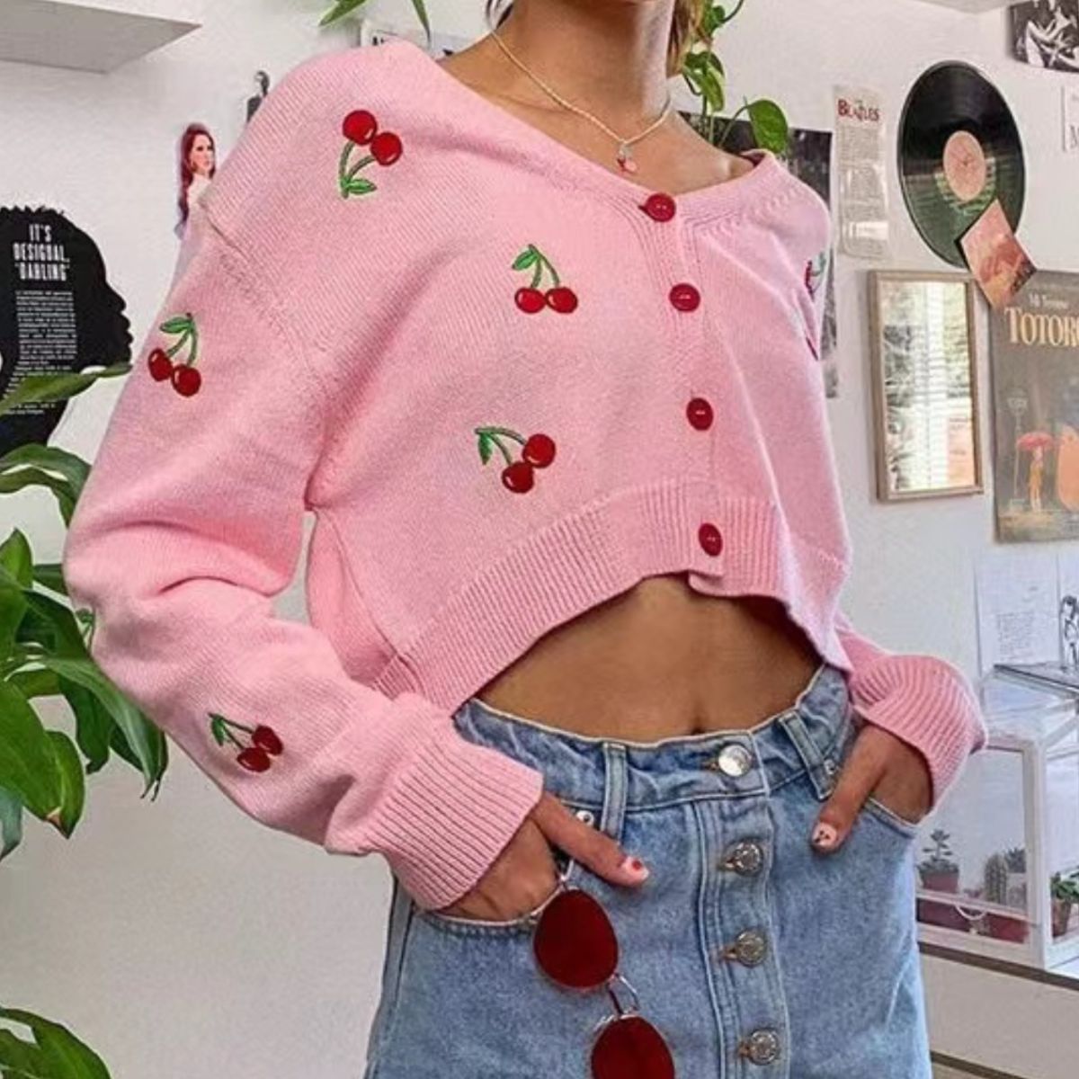 Cherry Button Down Cardigan-Tops-Krush Kandy, Women's Online Fashion Boutique Located in Phoenix, Arizona (Scottsdale Area)