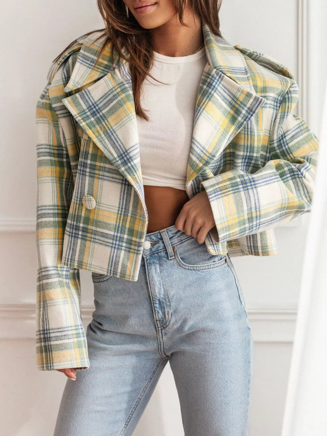 Plaid Lapel Collar Cropped Outerwear-Jackets-Krush Kandy, Women's Online Fashion Boutique Located in Phoenix, Arizona (Scottsdale Area)