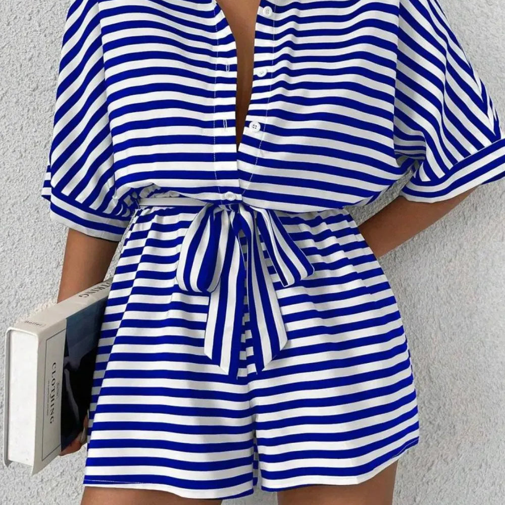 Striped Collared Neck Tie Waist Romper-Krush Kandy, Women's Online Fashion Boutique Located in Phoenix, Arizona (Scottsdale Area)