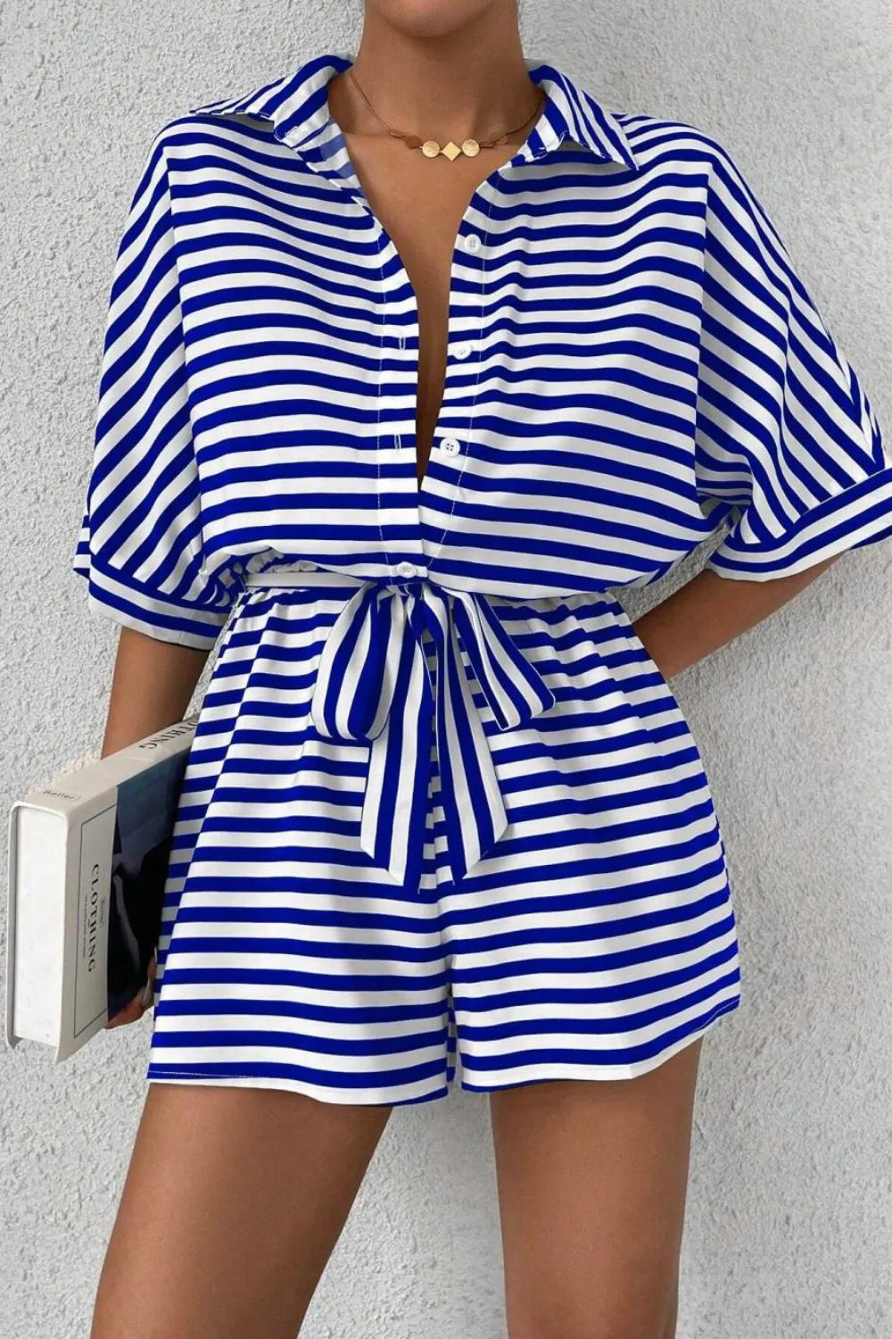 Striped Collared Neck Tie Waist Romper-Krush Kandy, Women's Online Fashion Boutique Located in Phoenix, Arizona (Scottsdale Area)