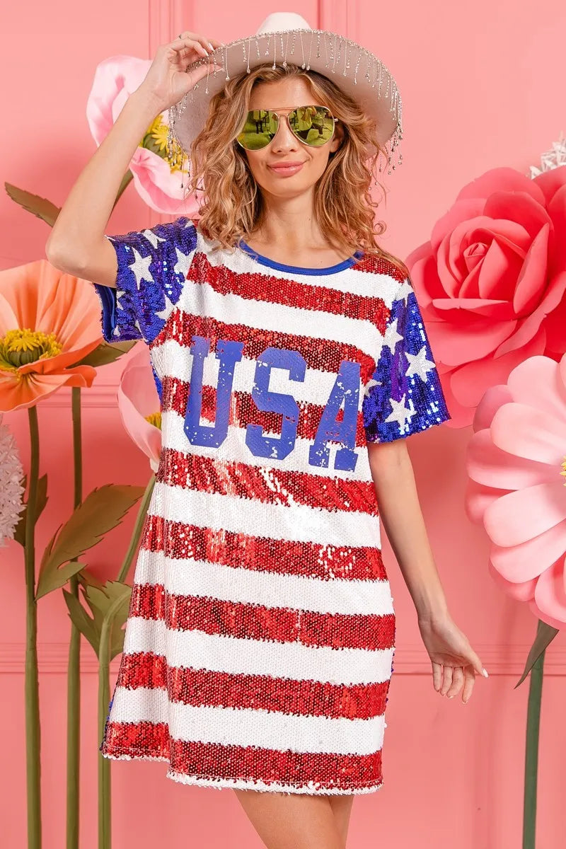 BiBi American Flag Theme Usa Print Sequin Dress-Dresses-Krush Kandy, Women's Online Fashion Boutique Located in Phoenix, Arizona (Scottsdale Area)