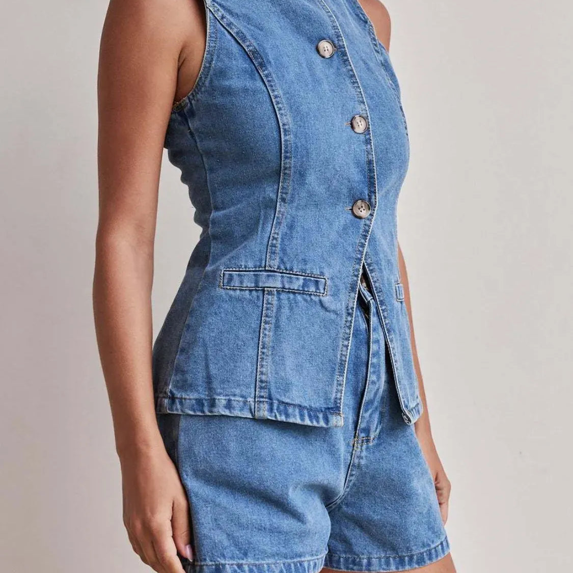 Button Down Vest and Shorts Denim Set-2 Piece Outfit Sets-Krush Kandy, Women's Online Fashion Boutique Located in Phoenix, Arizona (Scottsdale Area)