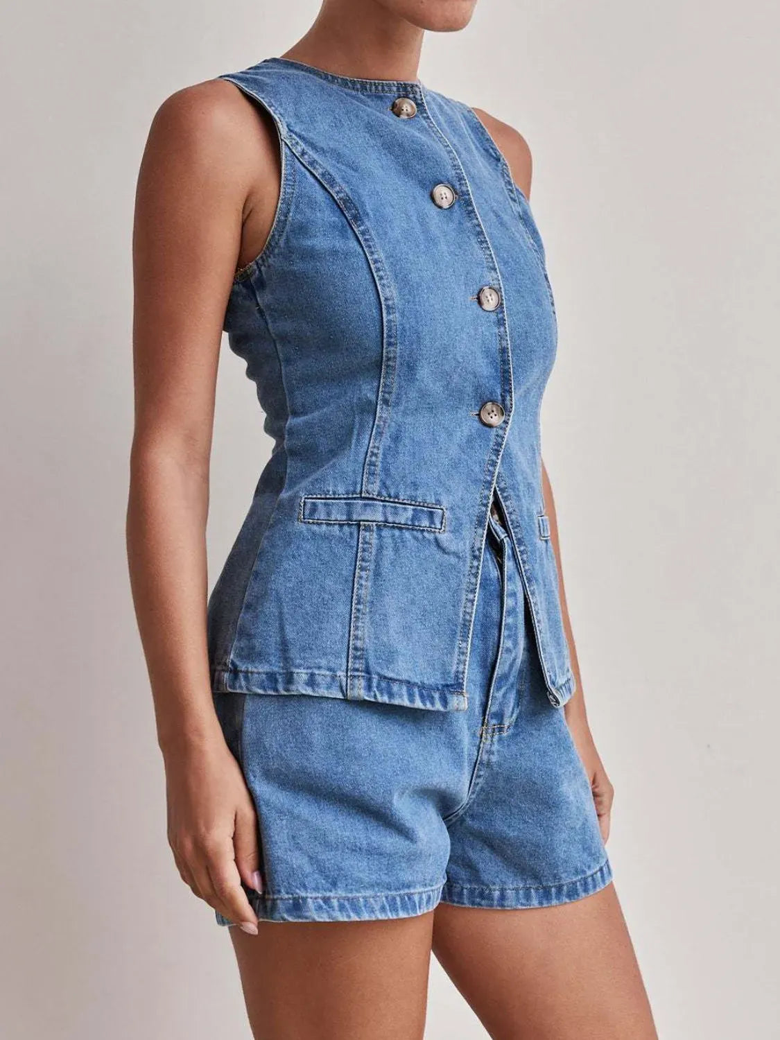 Button Down Vest and Shorts Denim Set-2 Piece Outfit Sets-Krush Kandy, Women's Online Fashion Boutique Located in Phoenix, Arizona (Scottsdale Area)