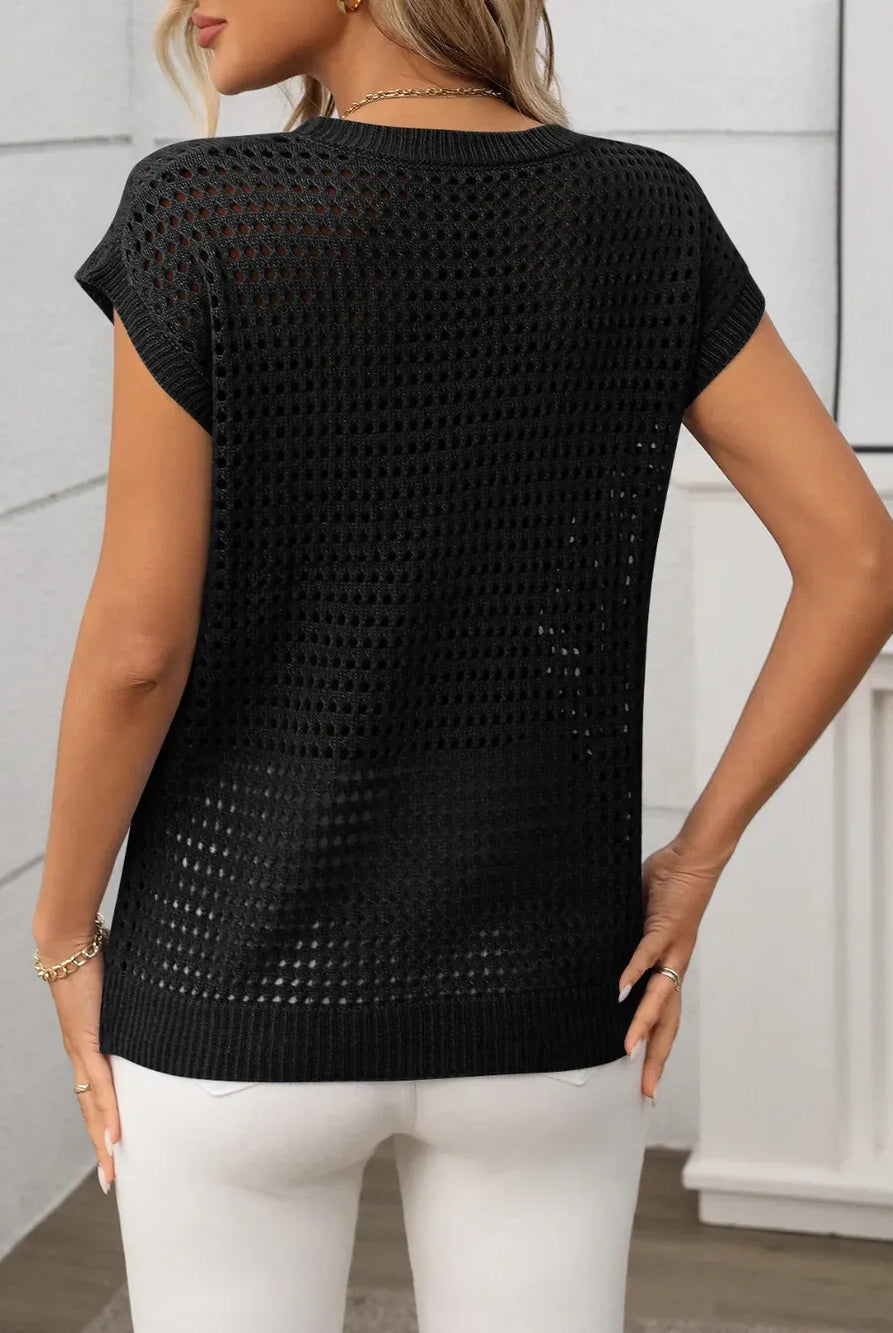Openwork Round Neck Short Sleeve Knit Cover Up-Krush Kandy, Women's Online Fashion Boutique Located in Phoenix, Arizona (Scottsdale Area)