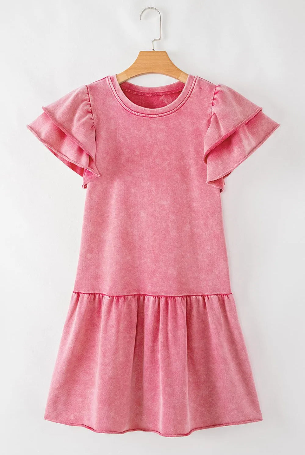 Mineral Wash Raw Edge Ruffle Mini Dress-Dresses-Krush Kandy, Women's Online Fashion Boutique Located in Phoenix, Arizona (Scottsdale Area)