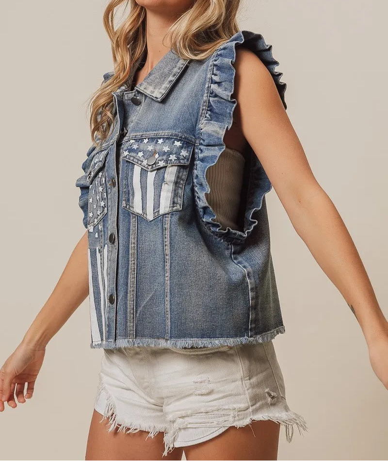 BiBi American Flag Washed Denim Jacket-Tops-Krush Kandy, Women's Online Fashion Boutique Located in Phoenix, Arizona (Scottsdale Area)