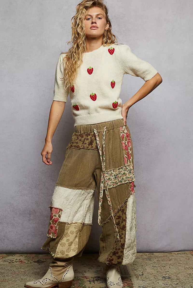 POL Round Neck Strawberry Patch Sweater with Shirring Shoulder-Sweater-Krush Kandy, Women's Online Fashion Boutique Located in Phoenix, Arizona (Scottsdale Area)