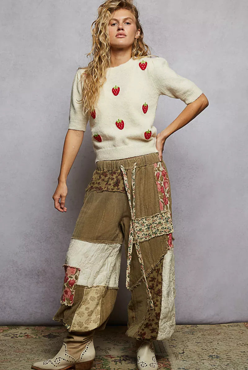 POL Round Neck Strawberry Patch Sweater with Shirring Shoulder-Sweater-Krush Kandy, Women's Online Fashion Boutique Located in Phoenix, Arizona (Scottsdale Area)