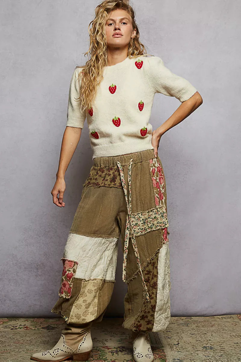 POL Round Neck Strawberry Patch Sweater with Shirring Shoulder-Sweater-Krush Kandy, Women's Online Fashion Boutique Located in Phoenix, Arizona (Scottsdale Area)