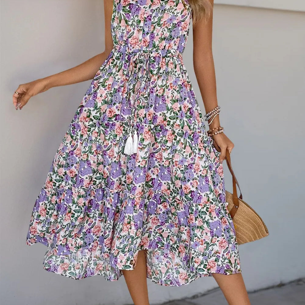 Perfee Decor Button Printed Sleeveless Tiered Midi Dress-Dresses-Krush Kandy, Women's Online Fashion Boutique Located in Phoenix, Arizona (Scottsdale Area)
