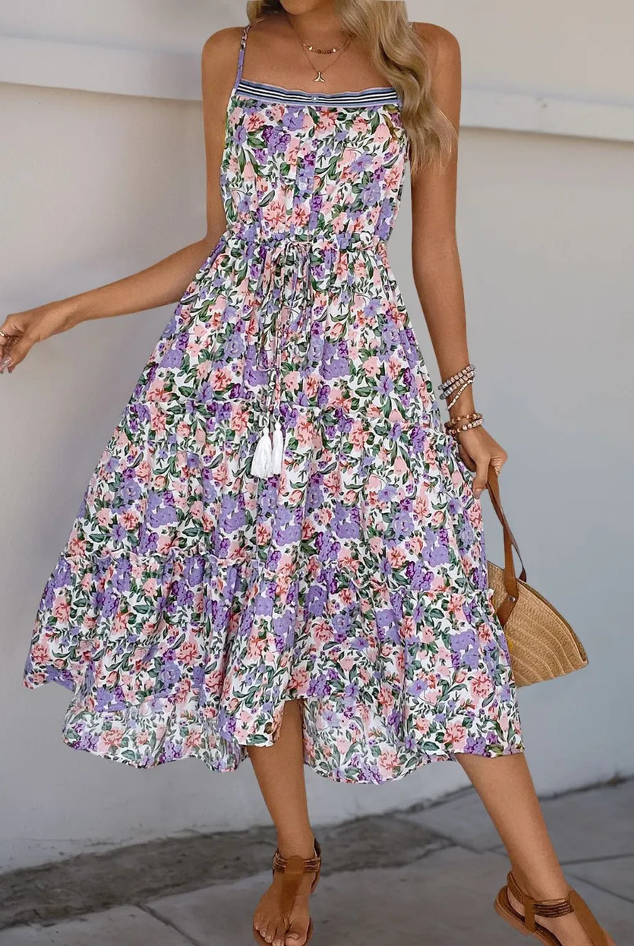 Perfee Decor Button Printed Sleeveless Tiered Midi Dress-Dresses-Krush Kandy, Women's Online Fashion Boutique Located in Phoenix, Arizona (Scottsdale Area)