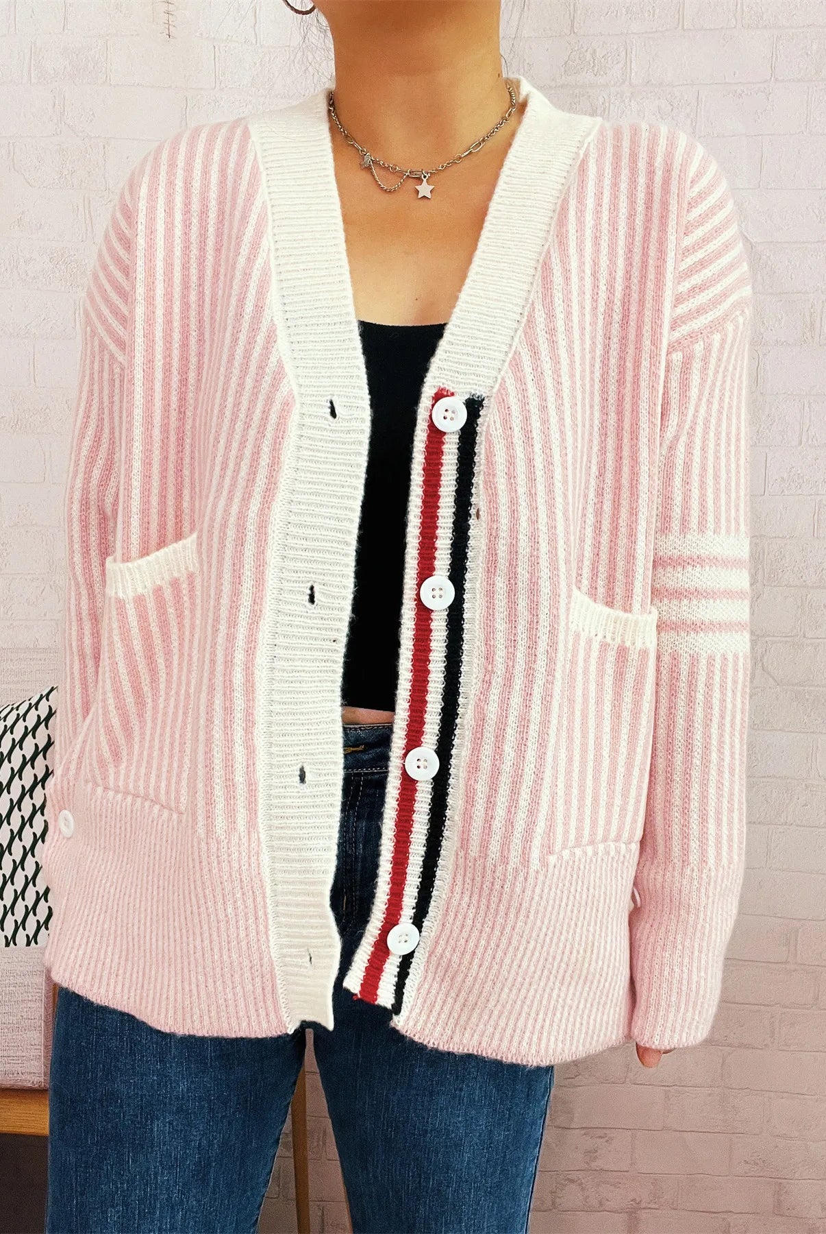 Striped Button-Front Cardigan with Contrast Trim-Cardigan-Krush Kandy, Women's Online Fashion Boutique Located in Phoenix, Arizona (Scottsdale Area)