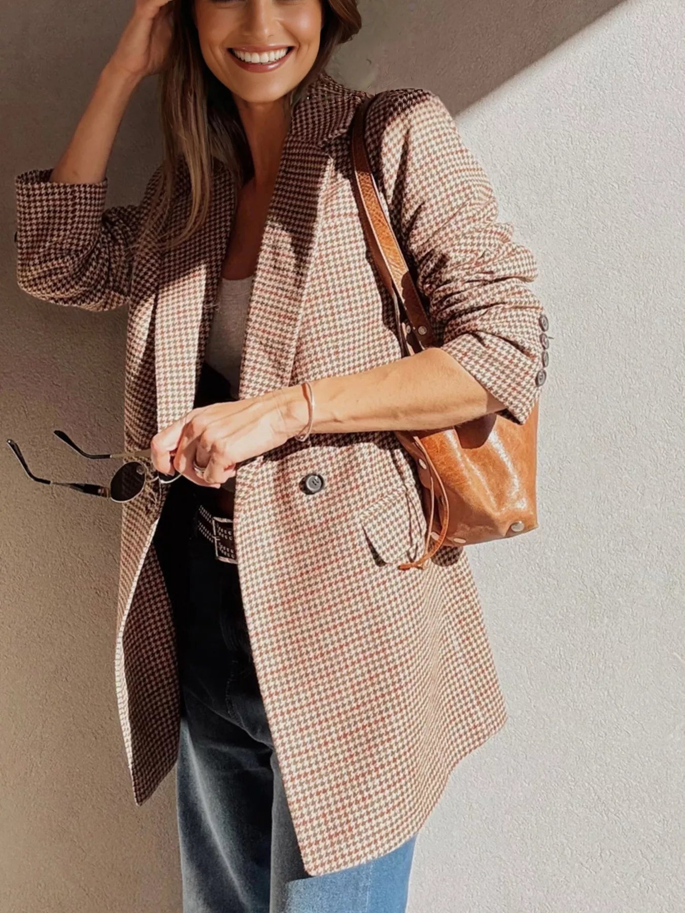 Houndstooth Lapel Collar Blazer-Blazers-Krush Kandy, Women's Online Fashion Boutique Located in Phoenix, Arizona (Scottsdale Area)