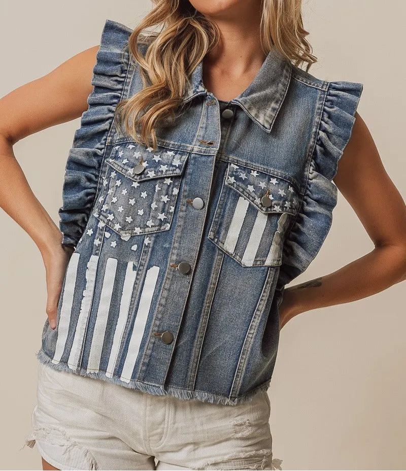 BiBi American Flag Washed Denim Jacket-Tops-Krush Kandy, Women's Online Fashion Boutique Located in Phoenix, Arizona (Scottsdale Area)