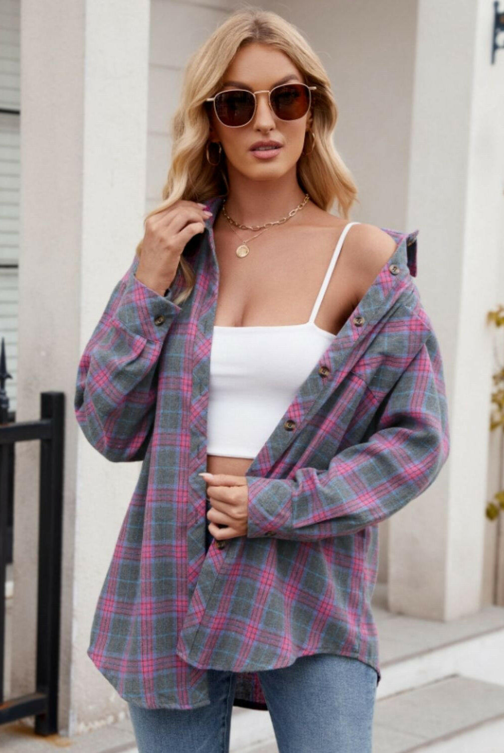 Mandy Pocketed Plaid Collared Neck Long Sleeve Shirt-Krush Kandy, Women's Online Fashion Boutique Located in Phoenix, Arizona (Scottsdale Area)