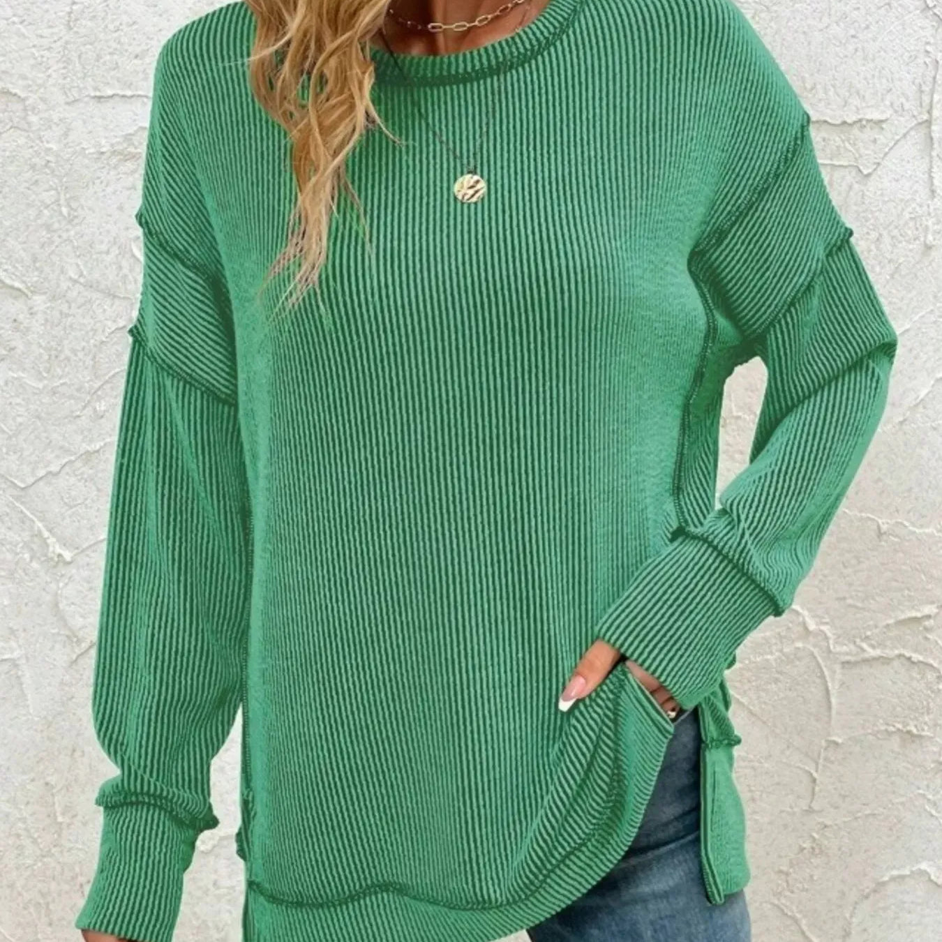 Side Slit Round Neck Dropped Shoulder Sweatshirt-Sweaters-Krush Kandy, Women's Online Fashion Boutique Located in Phoenix, Arizona (Scottsdale Area)