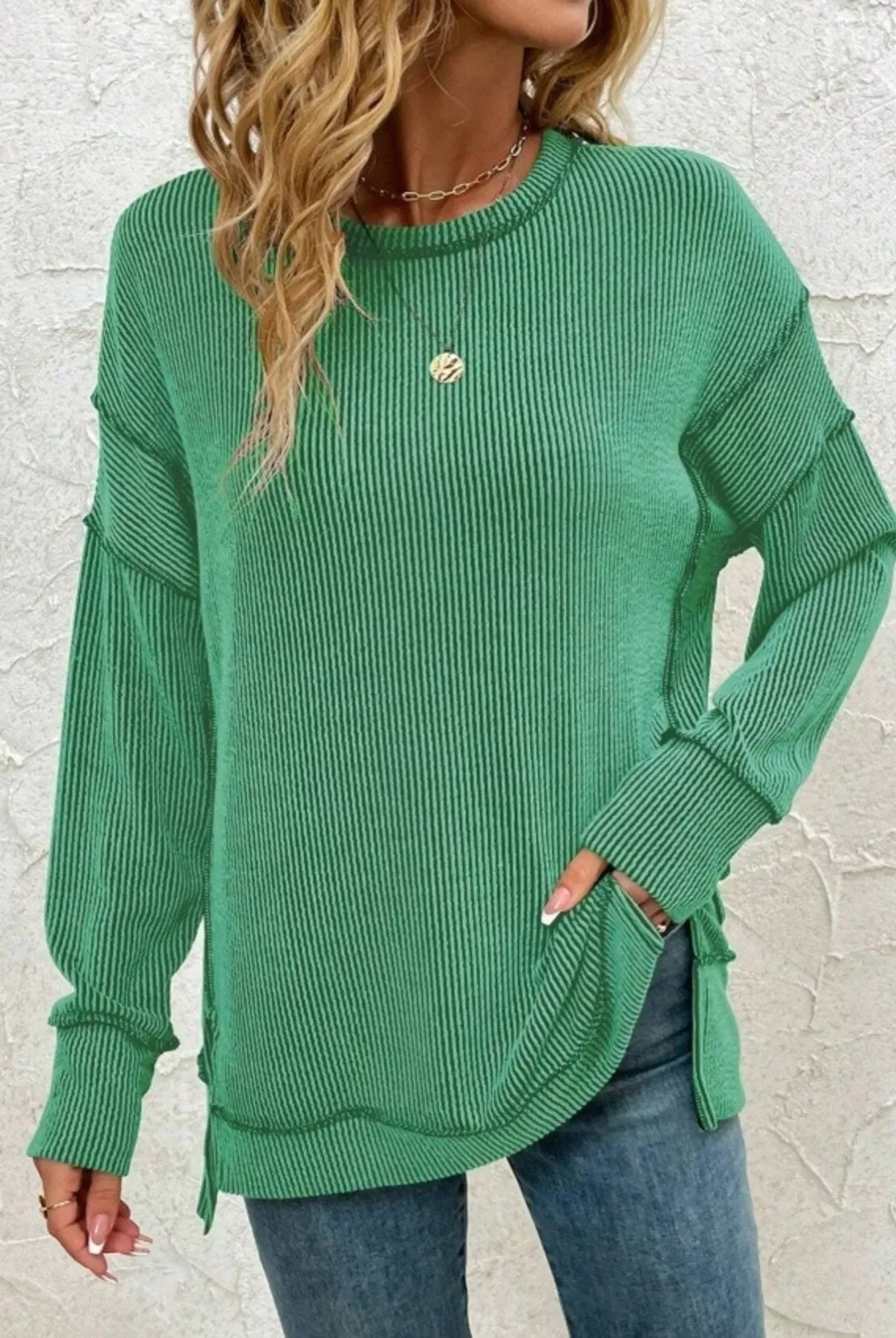Side Slit Round Neck Dropped Shoulder Sweatshirt-Sweaters-Krush Kandy, Women's Online Fashion Boutique Located in Phoenix, Arizona (Scottsdale Area)