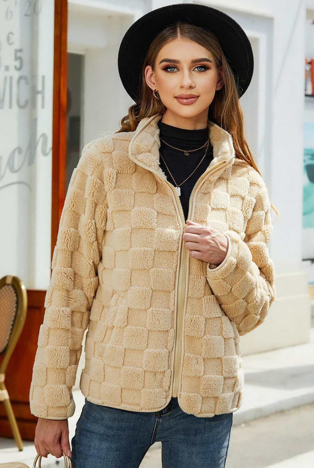 Fuzzy Checkered Zip Up Jacket-Krush Kandy, Women's Online Fashion Boutique Located in Phoenix, Arizona (Scottsdale Area)