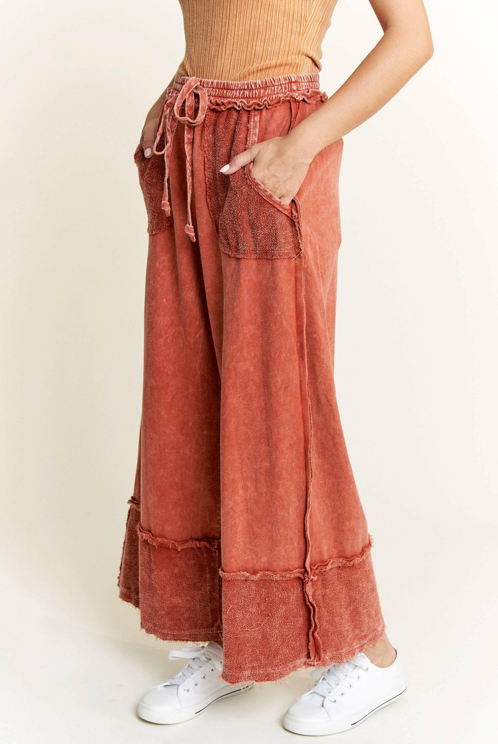 J.HER Mineral Wash Wide Pants with Raw Hem Frayed Details-Pants-Krush Kandy, Women's Online Fashion Boutique Located in Phoenix, Arizona (Scottsdale Area)