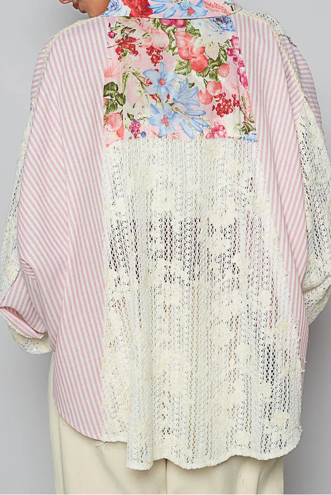 POL Lace Long Sleeve Shirt with Floral and Striped Pattern-Cardigan-Krush Kandy, Women's Online Fashion Boutique Located in Phoenix, Arizona (Scottsdale Area)