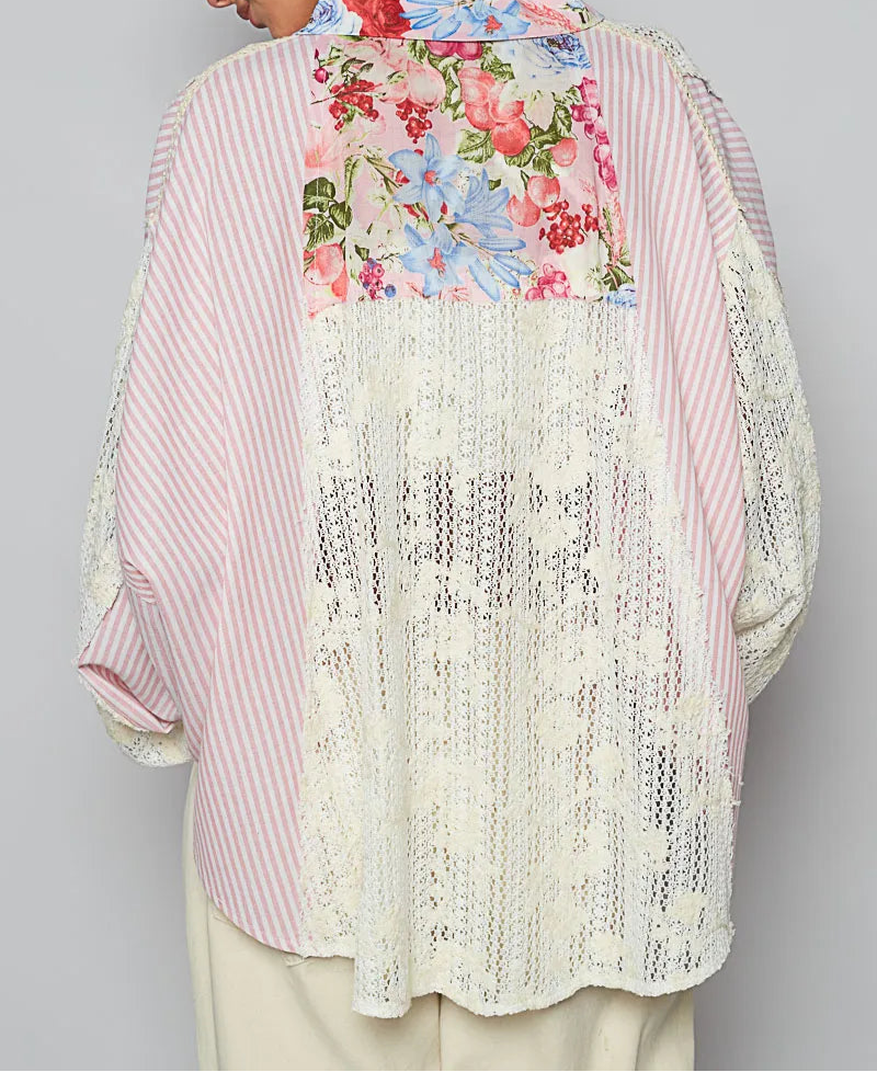 POL Lace Long Sleeve Shirt with Floral and Striped Pattern-Cardigan-Krush Kandy, Women's Online Fashion Boutique Located in Phoenix, Arizona (Scottsdale Area)