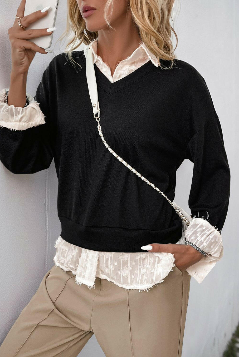 Perfee Faux Layered Contrast Long Sleeve Sweatshirt-Krush Kandy, Women's Online Fashion Boutique Located in Phoenix, Arizona (Scottsdale Area)