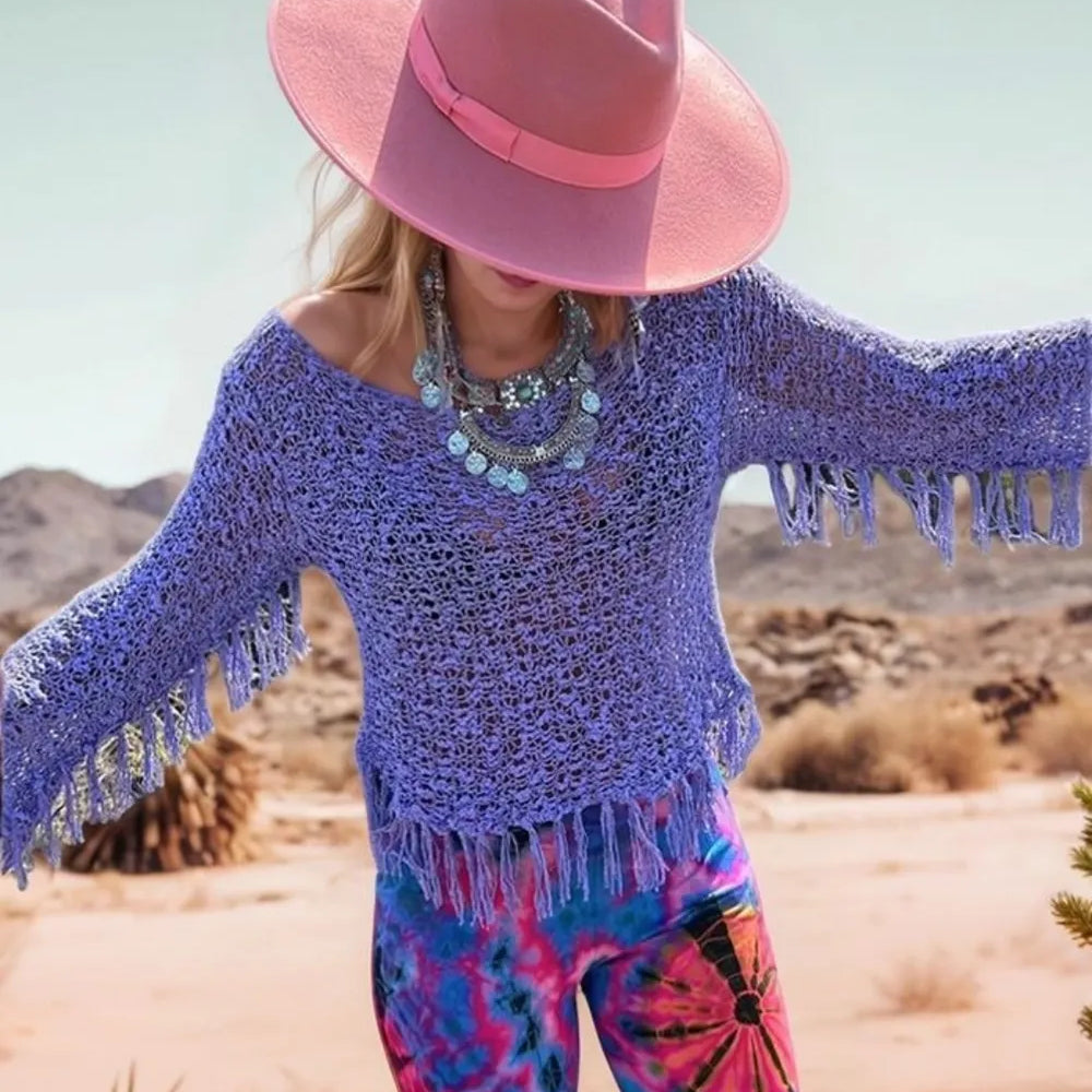 Tassel Boat Neck Knit Cover Up-Tops-Krush Kandy, Women's Online Fashion Boutique Located in Phoenix, Arizona (Scottsdale Area)