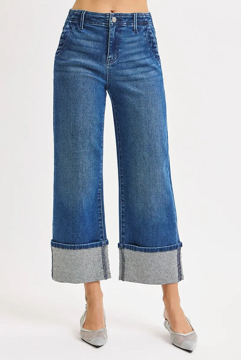 RISEN High Rise Ankle Wide Rhine Stone Cuffed Jeans-Krush Kandy, Women's Online Fashion Boutique Located in Phoenix, Arizona (Scottsdale Area)