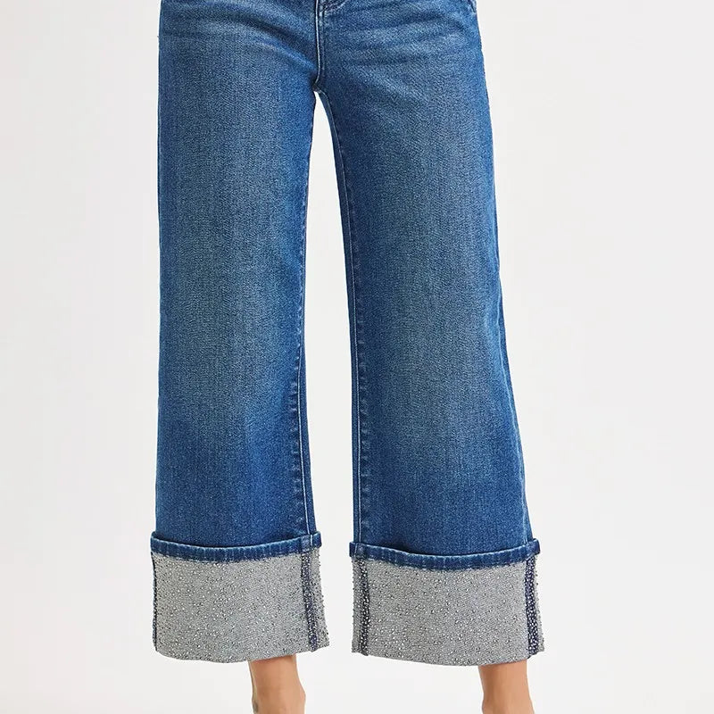 RISEN High Rise Ankle Wide Rhine Stone Cuffed Jeans-Krush Kandy, Women's Online Fashion Boutique Located in Phoenix, Arizona (Scottsdale Area)
