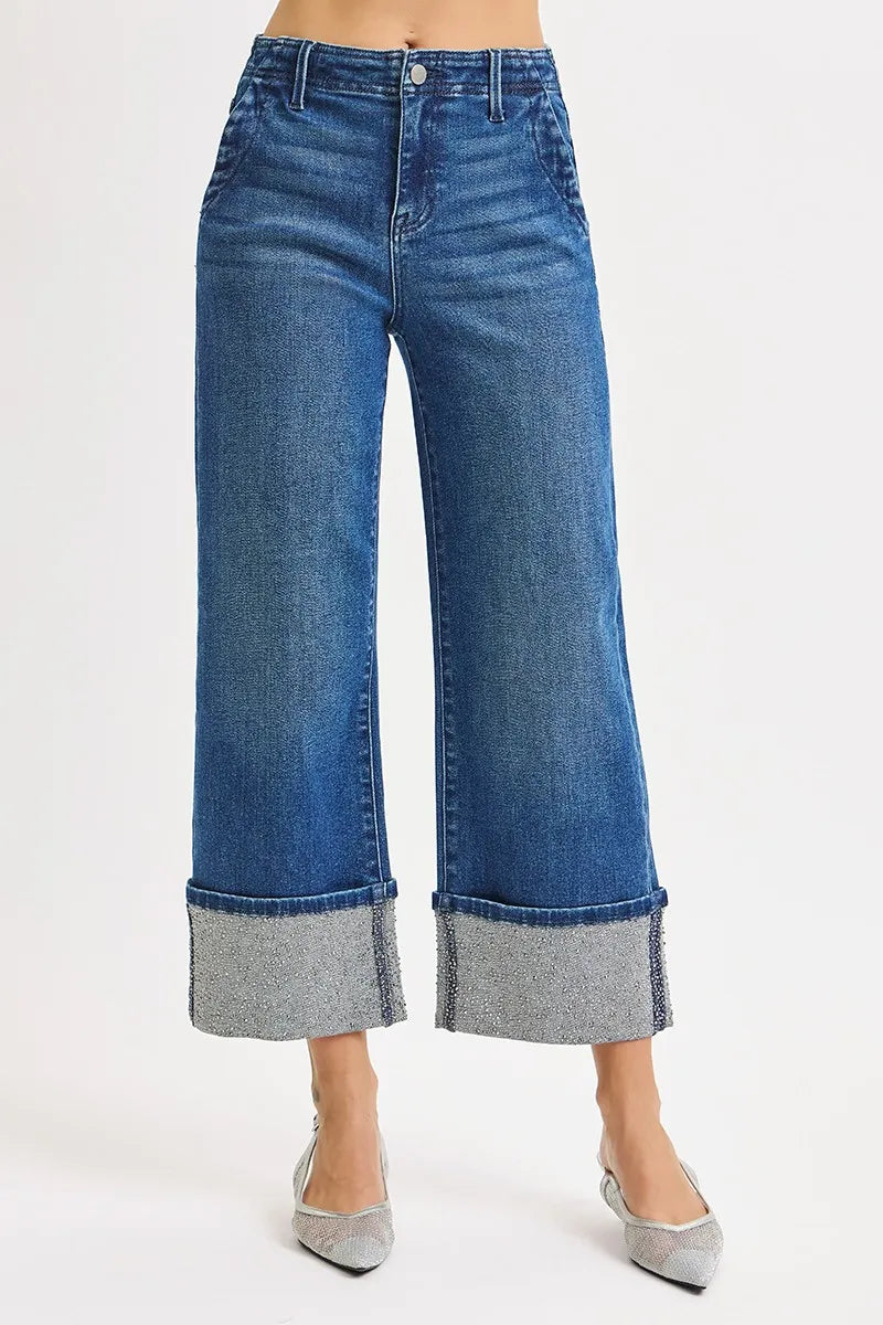 RISEN High Rise Ankle Wide Rhine Stone Cuffed Jeans-Krush Kandy, Women's Online Fashion Boutique Located in Phoenix, Arizona (Scottsdale Area)