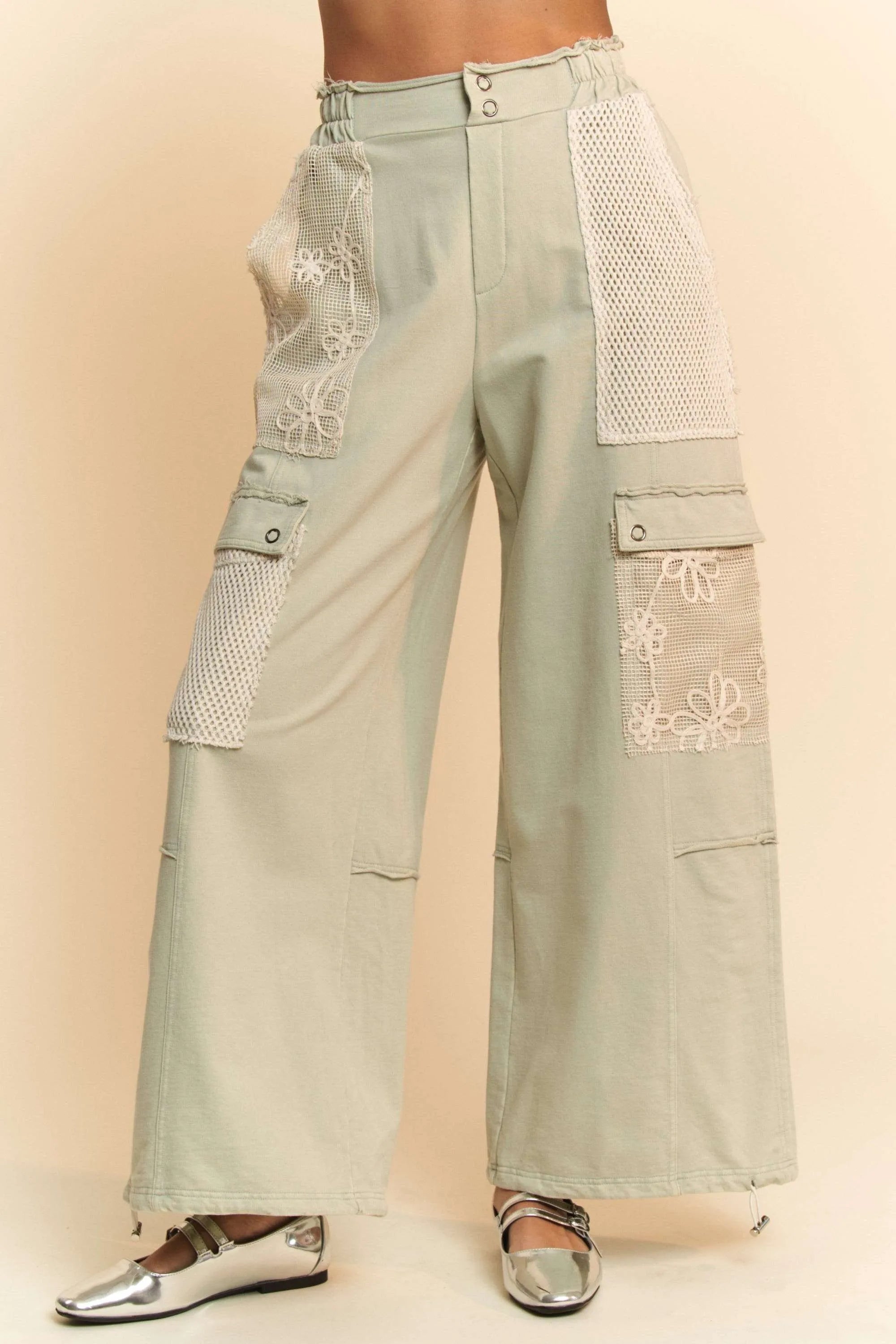 Davi & Dani Lace Patchwork Bottom Opening Adjustable Pants-pants-Krush Kandy, Women's Online Fashion Boutique Located in Phoenix, Arizona (Scottsdale Area)