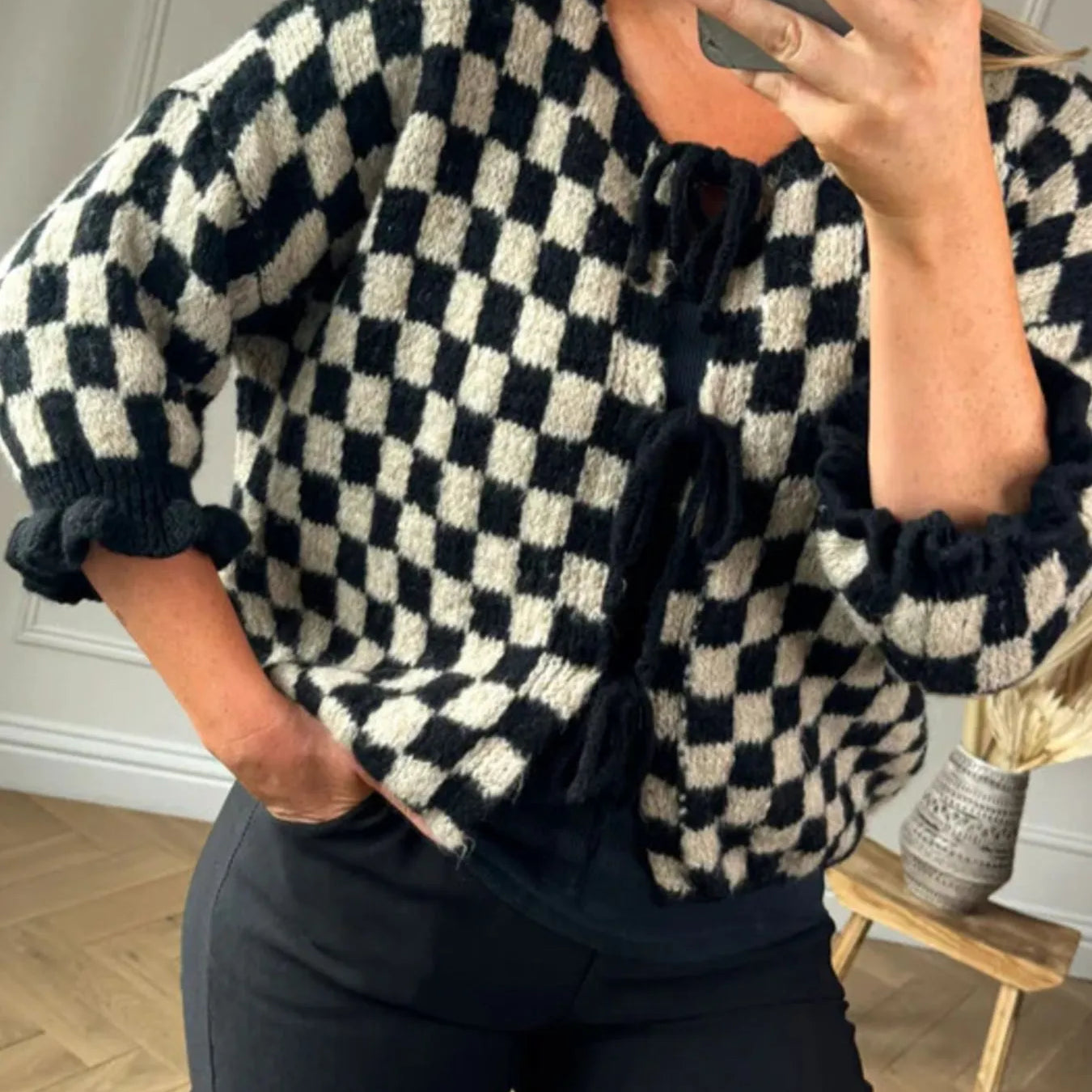 Checkered Tie-Front Knit Cardigan-Cardigan-Krush Kandy, Women's Online Fashion Boutique Located in Phoenix, Arizona (Scottsdale Area)