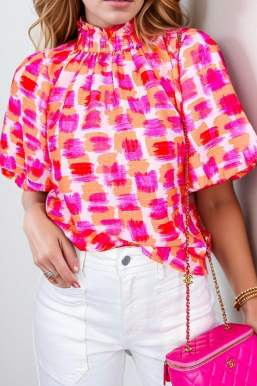 Color Pop Ruffle Neck Blouse-Short Sleeve Tops-Krush Kandy, Women's Online Fashion Boutique Located in Phoenix, Arizona (Scottsdale Area)