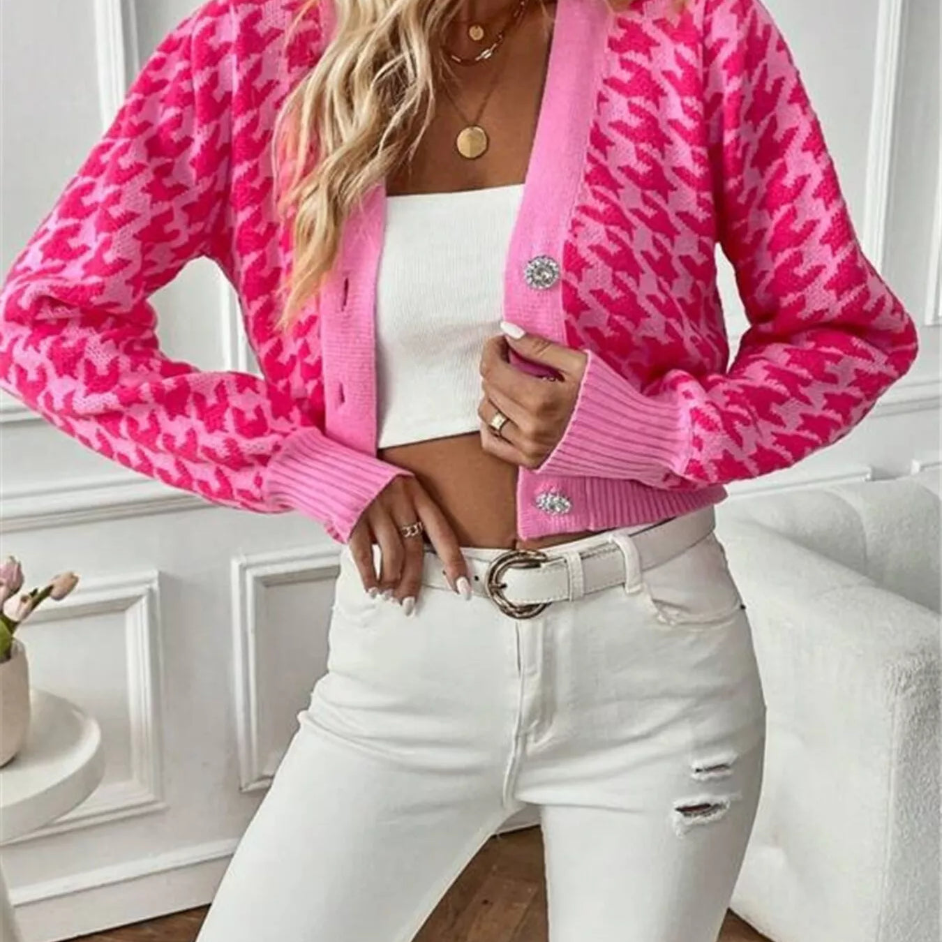 Houndstooth V-Neck Button Up Cardigan-Cardigan-Krush Kandy, Women's Online Fashion Boutique Located in Phoenix, Arizona (Scottsdale Area)